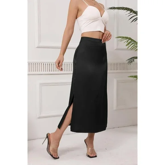 Women's Black Satin Elastic Silk Slip A Line Flowy Ruffle Cocktail Midi Skirt